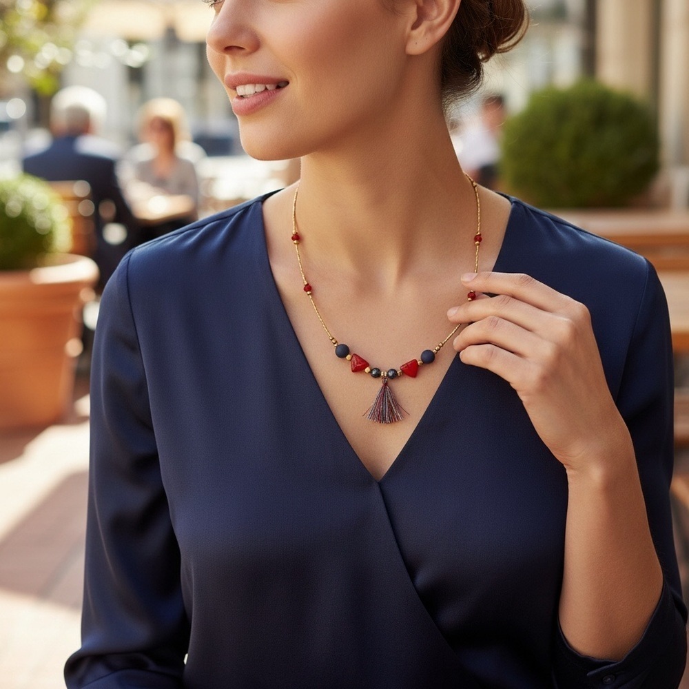 Necklace Red/Blue Ceramic& Antique Gold Handmade Necklace